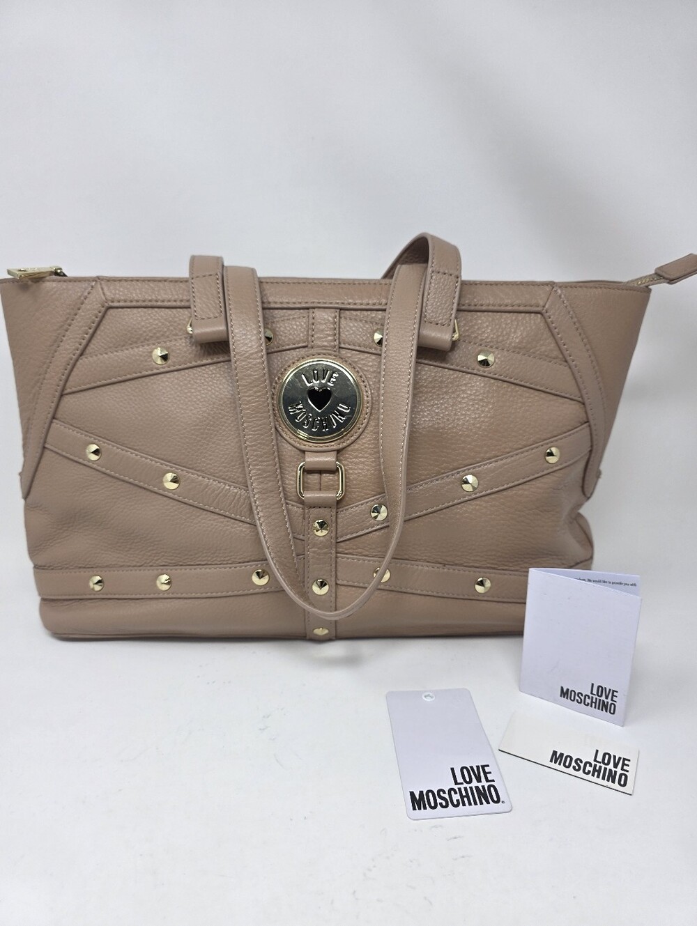 Love Moschino Milano Large Leather Borsa Gold Studded Bag Natural Grain Taupe